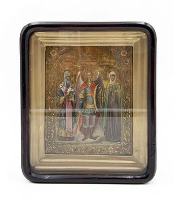 (П) Икона Архангел Михаил, Св. Николай и Божья Матерь. . Доска, темпера. 
Киот - 29 х 25 см 