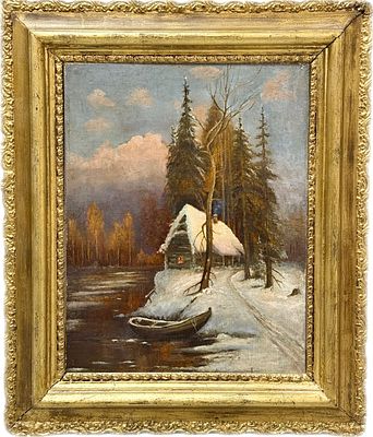 (П) Неизвестный художник - Зимний пейзаж с избушкой. Конец XIX - нач. XX вв. . Картон, масло. 48 х 37 см