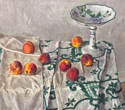 (П) Светлаков Сергей Николаевич (1961 г.р.) - Персики и китайская ваза для фруктов. 2024 г. Холст 