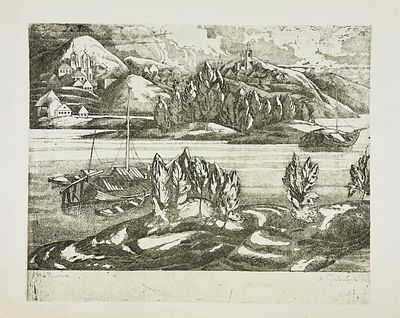 (П) Кравченко Алексей Ильич (1889 — 1940 гг) - На Волге. 1917 г. Бумага, офорт. 54 х 44 см 