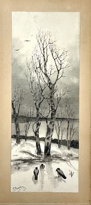 (П) [Без резерва] Неизвестный художник - Пейзаж с воронами. 1905 г. Бумага, акварель. 50 х 18,5 см 