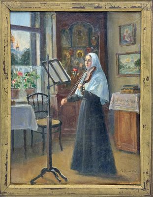 (П) [Приписывается] Милорадович Сергей Дмитриевич (1851-1943) - Монахиня. . Картон, масло. 33 х 25 см