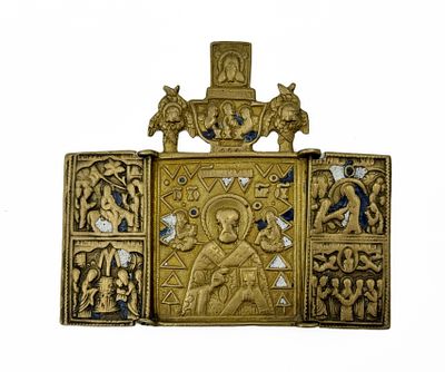 (П) Икона складень. Николай Чудотворец. . Латунь. 10 х 11 см