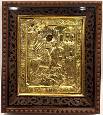 (П) Икона &laquo;Георгий Победоносец&raquo;, серебро, 84 проба. середина XIX в. . Дерево, левкас, серебряный 