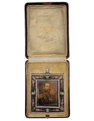 (П) Миниатюра в серебре. Александр II. Кон. XIX в. В родном футляре. 
Серебро 84 проба, масло 