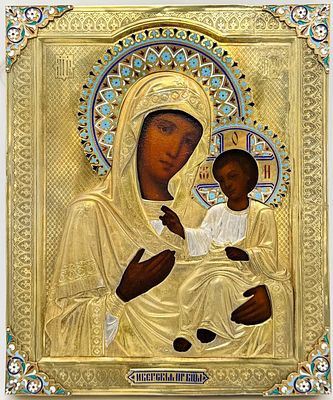 (М) Икона. Иверская Божья Матерь. Россия, Москва, фабрика А. Мухина. . Дерево, масло; серебро 