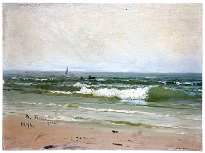 (М) Мещерский Арсений Иванович (1834-1902) - Морской прибой. 1896 г. . Холст, картон, масло. 34,2 х 