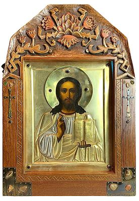(М) Икона Господь Вседержитель в стиле модерн. 1908-1914 гг. Дерево, масляная живопись, ткань 
