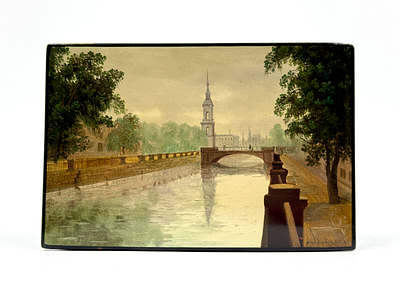 (П) Шкатулка "Крюков канал". Федоскино, 1960 г. Роспись Борисов А. А. . Папье-маше, лак. 9 х 13 см