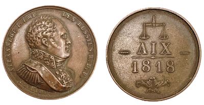 (П) [Александр I] Памятная медаль в честь Аахенского конгресса 1818 г. Гравер Г.Ф. Брандт. . Медь 