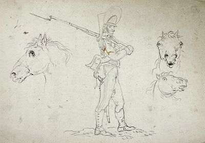 (П) Неизвестный художник - Эскиз гвардейца. Головы лошадей. Потемкинский мундир. Россия. Первая 