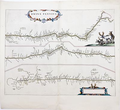 (П) Блау Ян - Новые реки Двины [Dwina Fluvius]. 1680 г. Бумага, гравюра на меди, ручная раскраска 