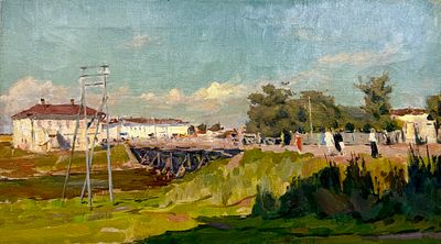 (П) Гудсков Лев Васильевич (1922 – 1997) - В Переславле. ("The river crossing"). 1948 г. . Холст 