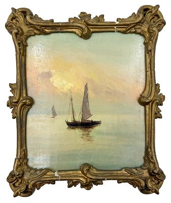 (П) Неизвестный художник - Парусник. XIX в. . Доска, масло , 32,5 х 28 см