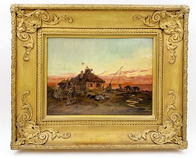 (П) Неизвестный художник - Хутор в Малороссии. Копия с Н.Н. Каразина. XIX в. Холст, масло. 25 х 34 