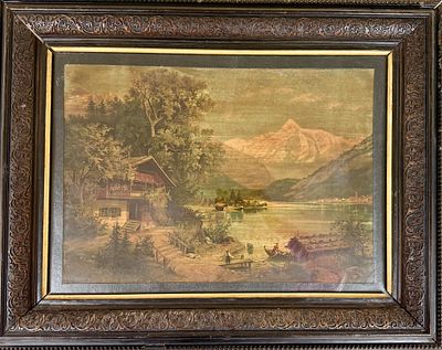 (П) Неизвестный художник - Горный пейзаж с домом на берегу озера. XIX в. . Литография, лак. 
37 х 