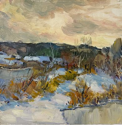 (П) Худенёв Николай Семенович (1930 г.р.) - Вечер. 1996 г. Картон, масло. 23 х 23 см