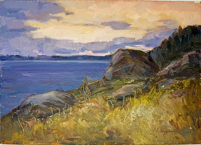 (П) Худенёв Николай Семенович (1930 г.р.) - Енисей. Подпорожье. 2006 г. Картон, масло. 25 х 35 см