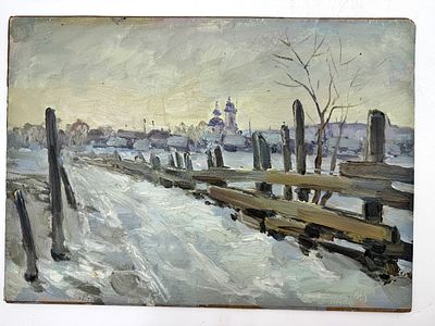 (П) Худенёв Николай Семенович (1930 г.р.) - Зима в Частых. 1991 г. . Картон, масло. 25 х 35см