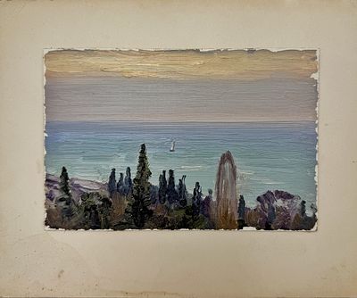 (П) Худенёв Николай Семенович (1930 г.р.) - Сочи. Морские дали. 1984 г. . Холст, масло. 17 х 11,5см