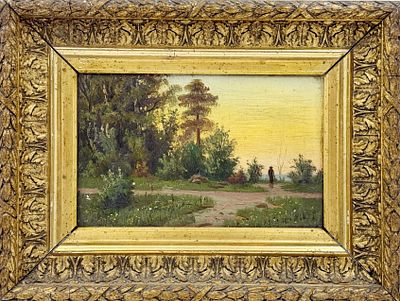 (П) Неизвестный художник - Пейзаж. XIX в. Картон, масло. 24 х 16 см в свету.