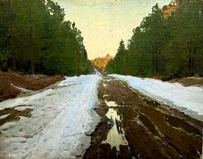 (М) Соколов Владимир Иванович (1872—1946) - Весенняя дорога. 1895 г. 29 х 36 см 
Фанера, масло. 