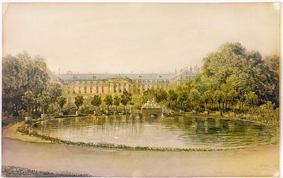 (М) Питер Франсис Петерс (1818-1903) - Новый дворец в Штутгарте. Вид на сад. 1852 г. Бумага 