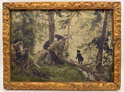 (П) Копия с картины Шишкина "Утро в сосновом лесу". Конец XIX - нач. XX в. Холст, масло. 
23 х 