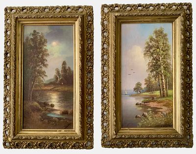 (М)* Брюквин Владимир Степанович (1875-1915) - Парные пейзажи. Вид на озеро. 1880 г. Холст, масло 