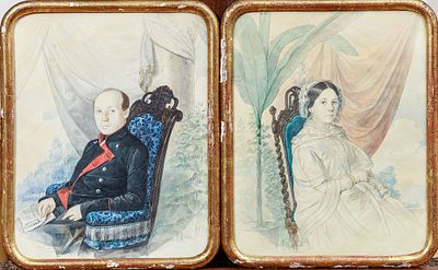 (М) Ясевич Казимир Антонович (1813-1888) - Парный портрет. Дама в белом. Офицер. 1849 г. Бумага 