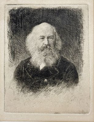 (П) Матэ Василий Васильевич (1856 - ?) - Портрет Ровинского. Конец XIX в. Бумага, офорт 
12 х 16 