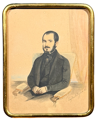 (М) Э. ван Мальдегем - Мужской портрет. 1844 г. Бумага, акварель. В раме - 25,5 х 20 см