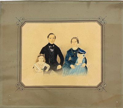(П) Неизвестный художник - Семейный портрет. 1850 г. Бумага, акварель. 18,х 23 см (лист), 32 х 36 