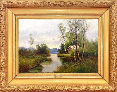 (М) Розен Карл Иоганнович (1864-1934) - Домик у реки. Конец XIX в Холст, масло 40,1 х 58,4 см. ЭКСПЕ 