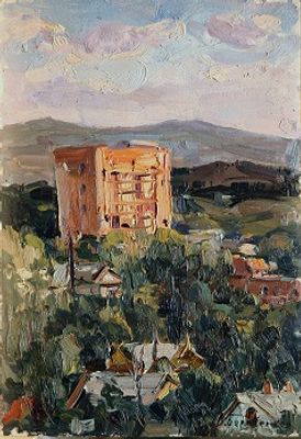 Василий Борисенков - Вид на санаторий. 1971 г., Картон, масло. описание: 
Вид на санаторий 
1971 