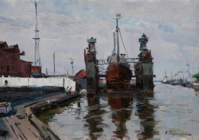 Василий Борисенков - Клайпеда. 1956 г., Картон, масло. описание: 
Клайпеда 
1956 г. 
Картон 