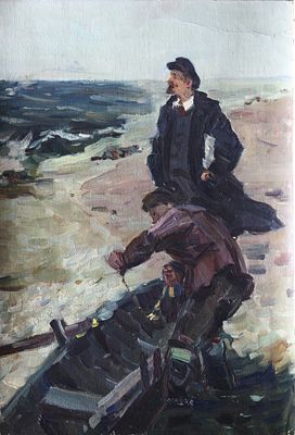 Василий Борисенков - Ленин в Разливе. 1960 г., Картон, масло. описание: 
Ленин в Разливе 
1960 