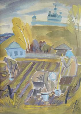 Валерий Векшин - Уборка картошки. Из цикла Мой Переславль. 2002 г., Бумага, акварель, белила. опи 