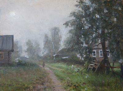 Владимир Гайдар - Деревня. Туман. 1990 г., Холст, масло. описание: Деревня. Туман 
1990 г. 