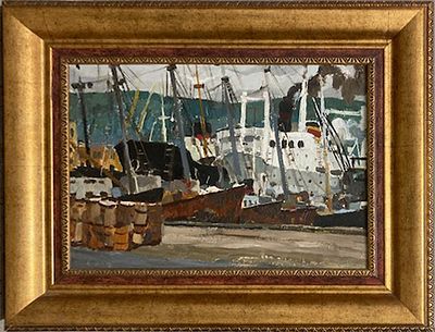 Борис Корнеев - Сейнеры у причала. 1966 г., Картон, масло. описание: 
Сейнеры у причала 
1966 г. 