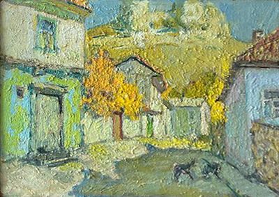 Михаил Грачев - Старые татарские дома. 1961 г., Картон, масло. описание: 
Старые татарские дома 