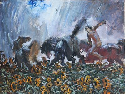 Лев Московкий - Всадники. описание лота: 
Лев Московский - Всадники 
Бумага, масло. 2003 год 
Размер 