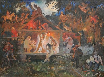 Лев Московский - Женская баня. описание лота: 
Лев Московский - Женская баня 
Холст, масло. 1990-е 