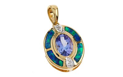 Anh&auml;nger 2,00g 375/- Gelbgold und Wei&szlig;gold mit 2 Diamanten zus. ca. 0,02 ct., Opalen und Iolith. 
