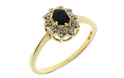 Ring 3,28g 585/- Gelbgold und Wei&szlig;gold mit 10 Diamanten zus. ca. 0,05 ct. LB/pi und Saphir, Ringg