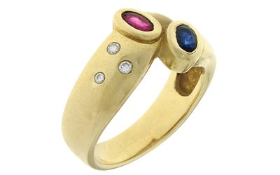 Ring 7,06g 585/- Gelbgold mit 3 Diamanten zus. ca. 0,04 ct. G/si, Rubin und Saphir, Ringgr&ouml;&szlig;e ca. 57