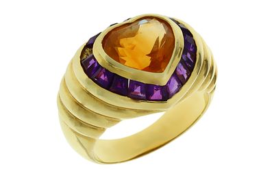Ring 11,00g 750/- Gelbgold mit Citrin und Amethysten, Ringgr&ouml;&szlig;e ca. 53. Ring 11,00g 750/- 