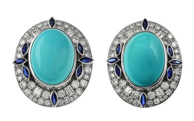 Ohrschmuck 27,70g 750/- Wei&szlig;gold, 88 Diamanten zus. ca. 4,10 ct. F/vvs-vs, T&uuml;rkisen, Saphir, inkl