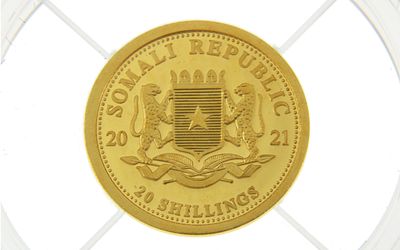 Goldmünze 20 SO-Shillings "The African Elephant" 0,50g 999/- Gelbgold 2021. Goldmünze 20
