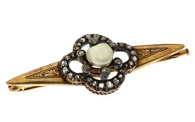 Brosche 8,61g 585/- Gelbgold mit 34 Diamanten im Rosenschliff und Perle